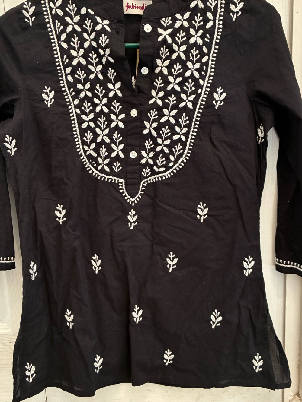 Fabindia Black Embroidered V-Neck Tunic Top